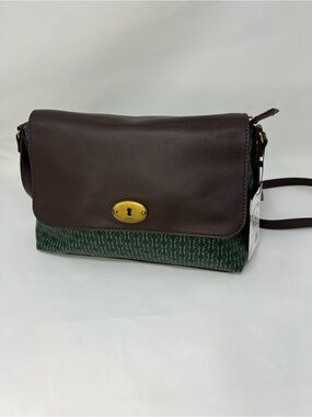 Fossil Brown Leather Flap Messenger Bag with Green Monogram Base
